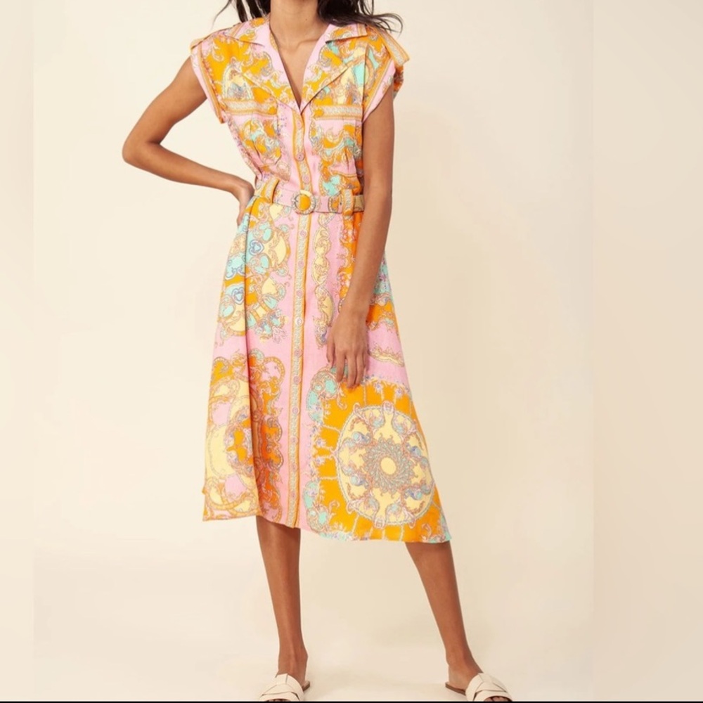 NEW HALE BOB Daisie Belted Baroque Linen Button Midi Dress Pink Coral Sz M